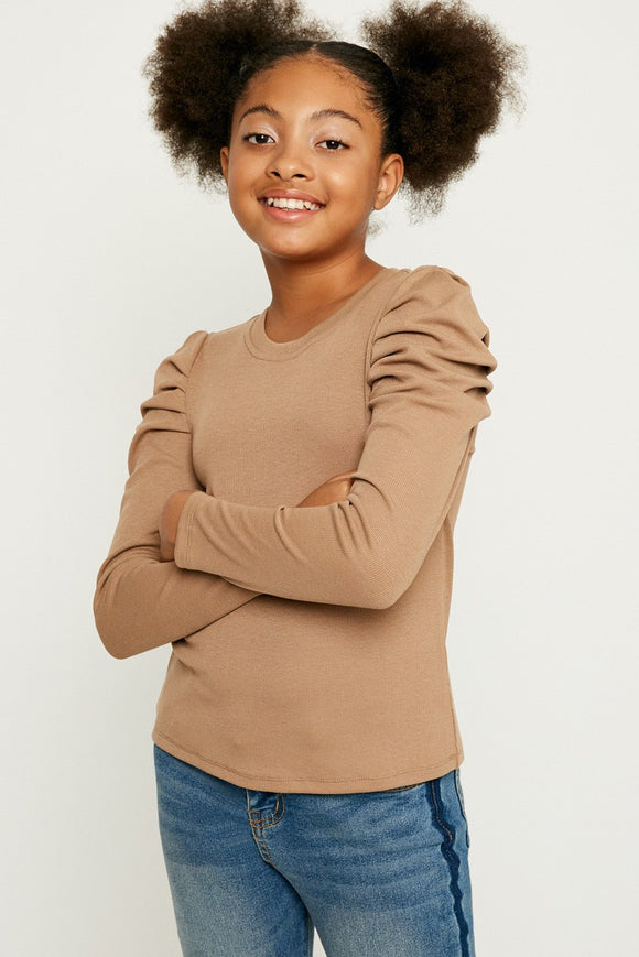 Girls Pleated Puff Shoulder Knit Top
