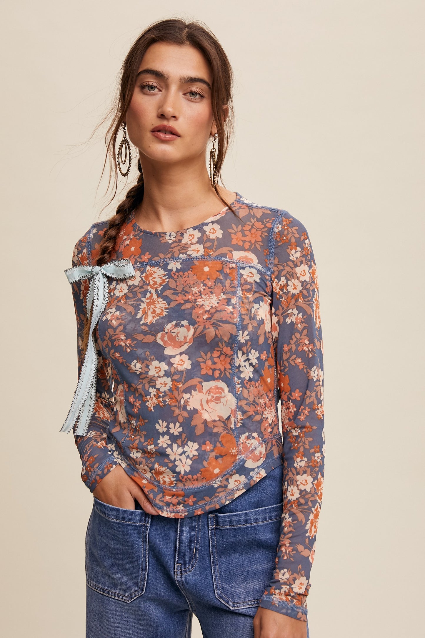 Floral Print Mesh Long Sleeve Top