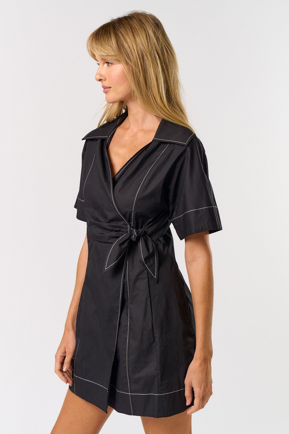 Contrast Stitch Short Sleeve Wrap Dress