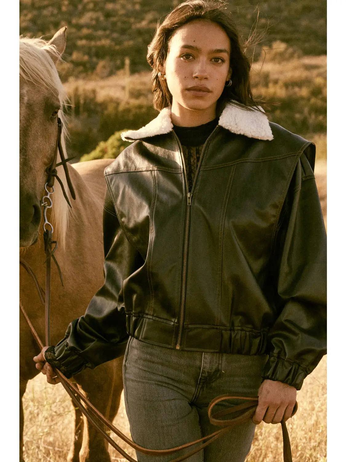Faux Leather Shearling-Collar Zip-Up Bomber Jacket