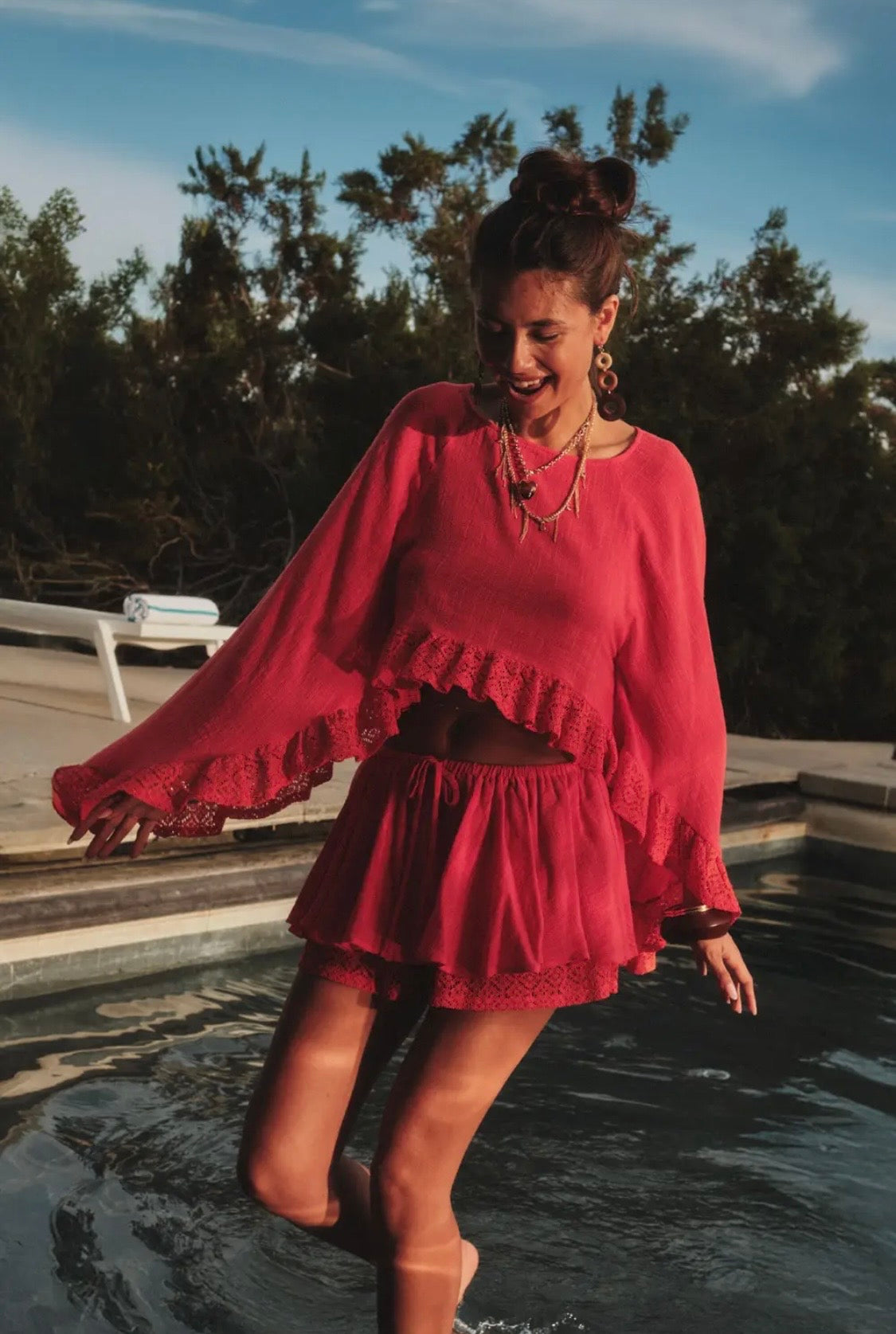 Cotton Gauze and Crochet Lace Ruffle Bell Sleeve Top