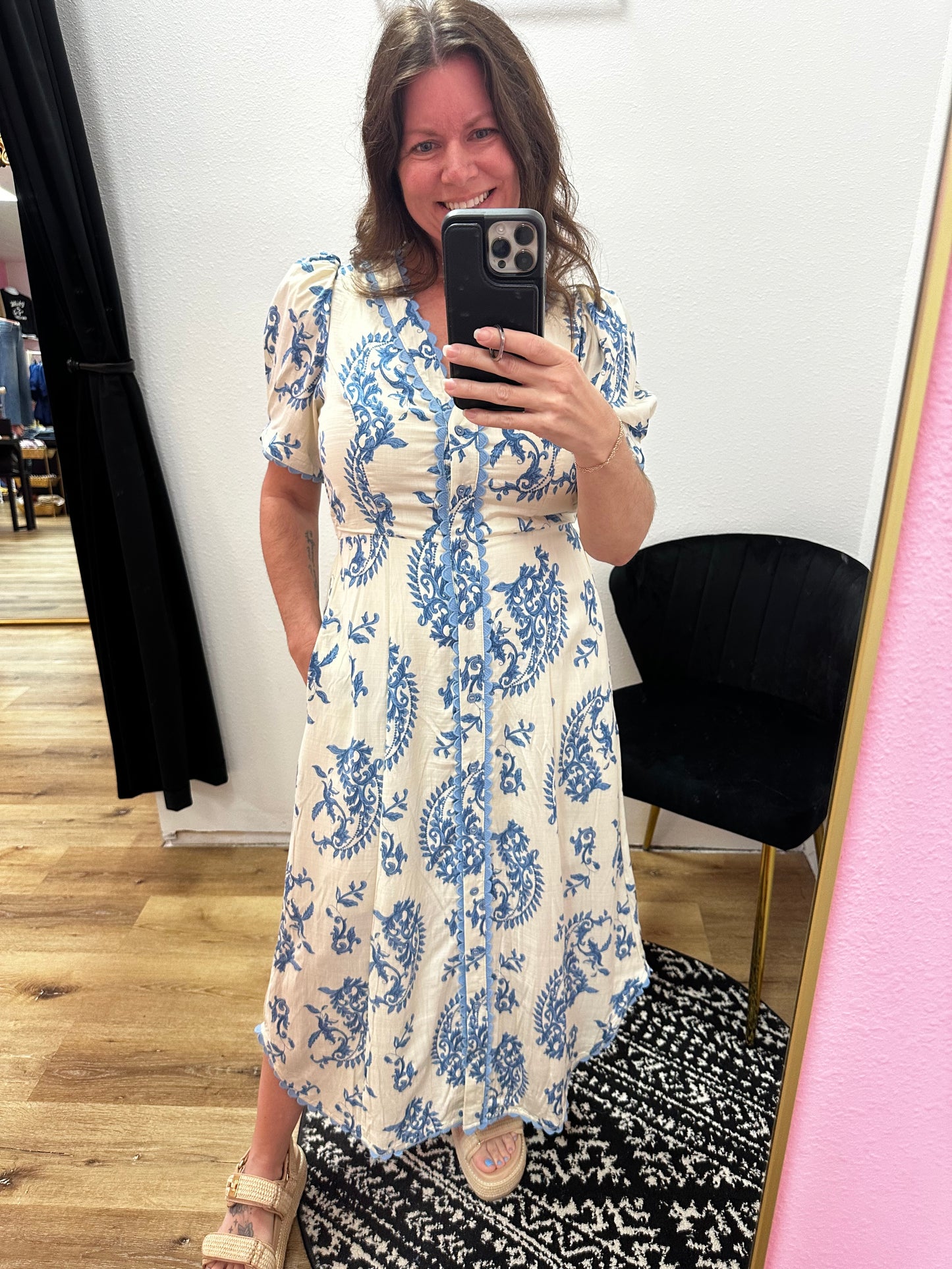 Blue Floral/Off White Dress