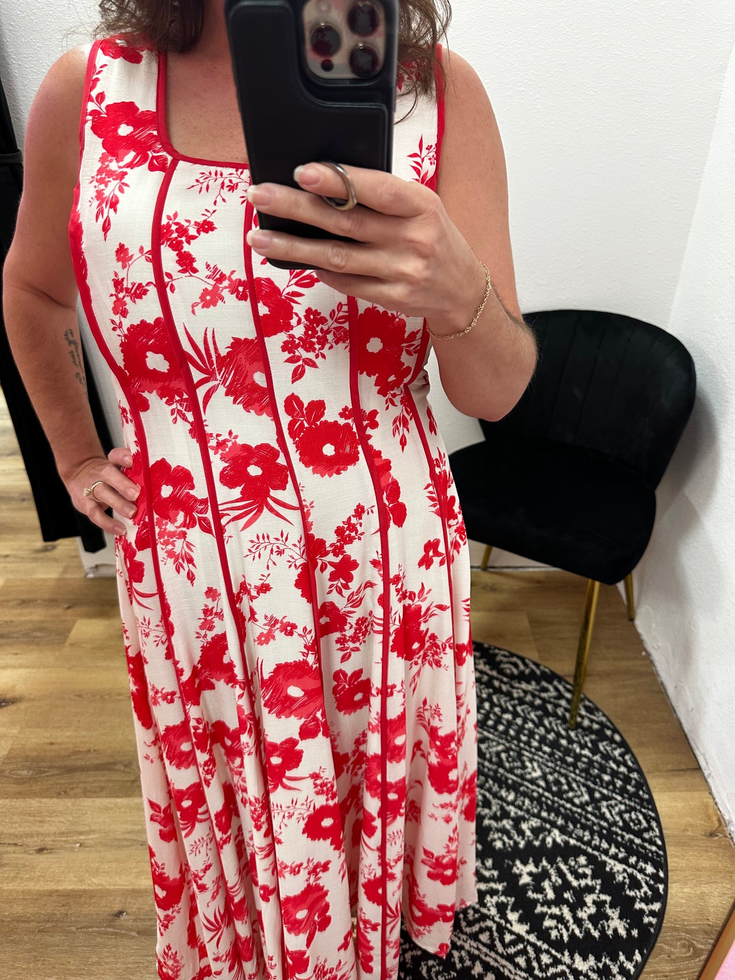 Red Floral/Off White Dress