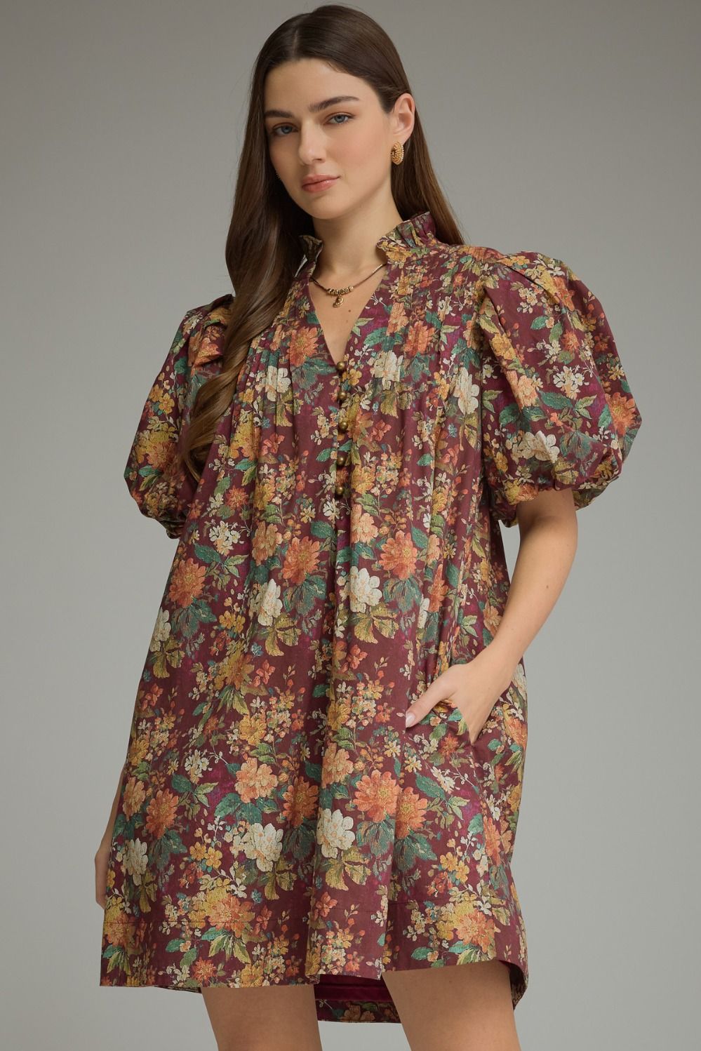 Floral print short puff sleeve mini dress