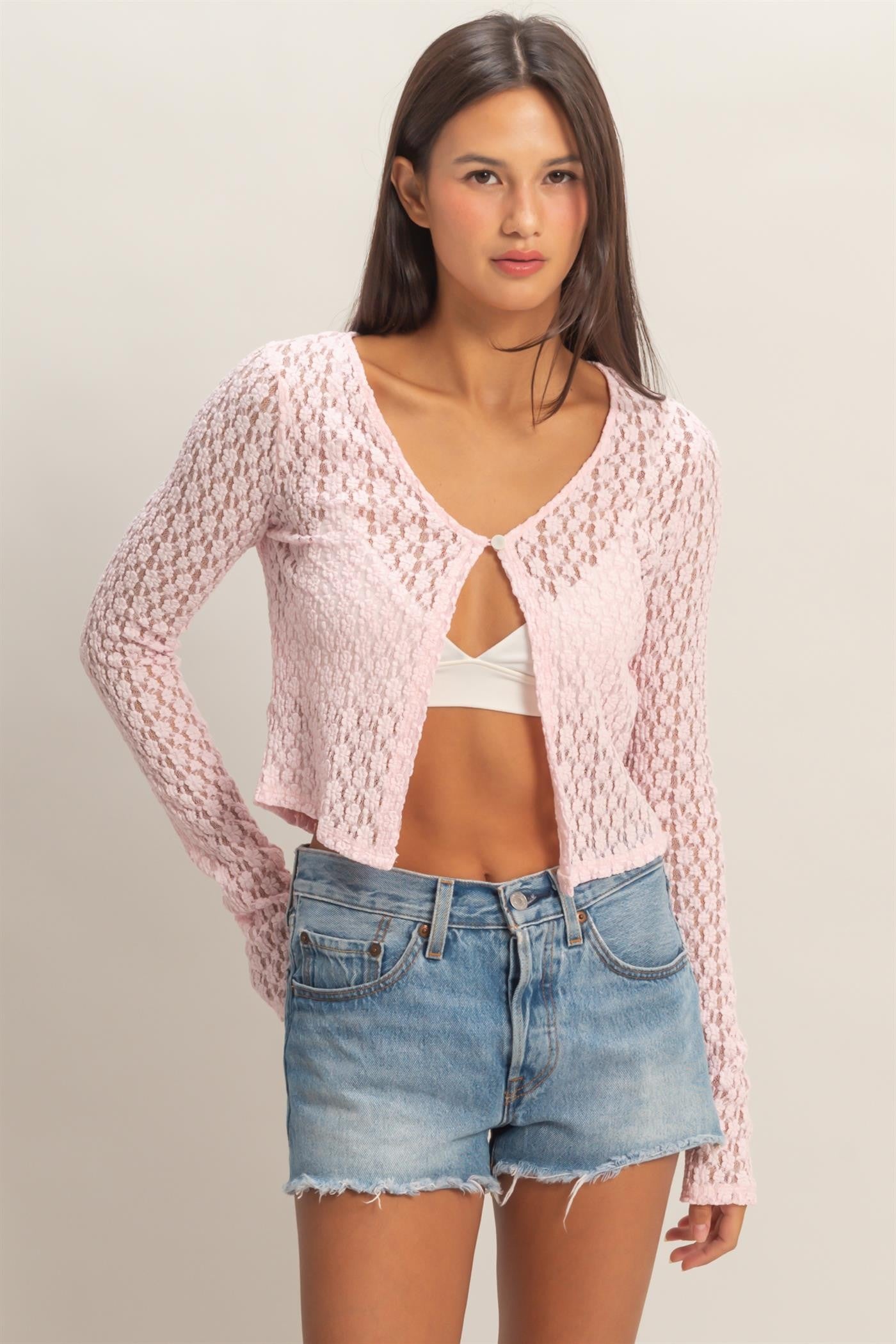Pearl Button Sheer Lace Cardigan Top