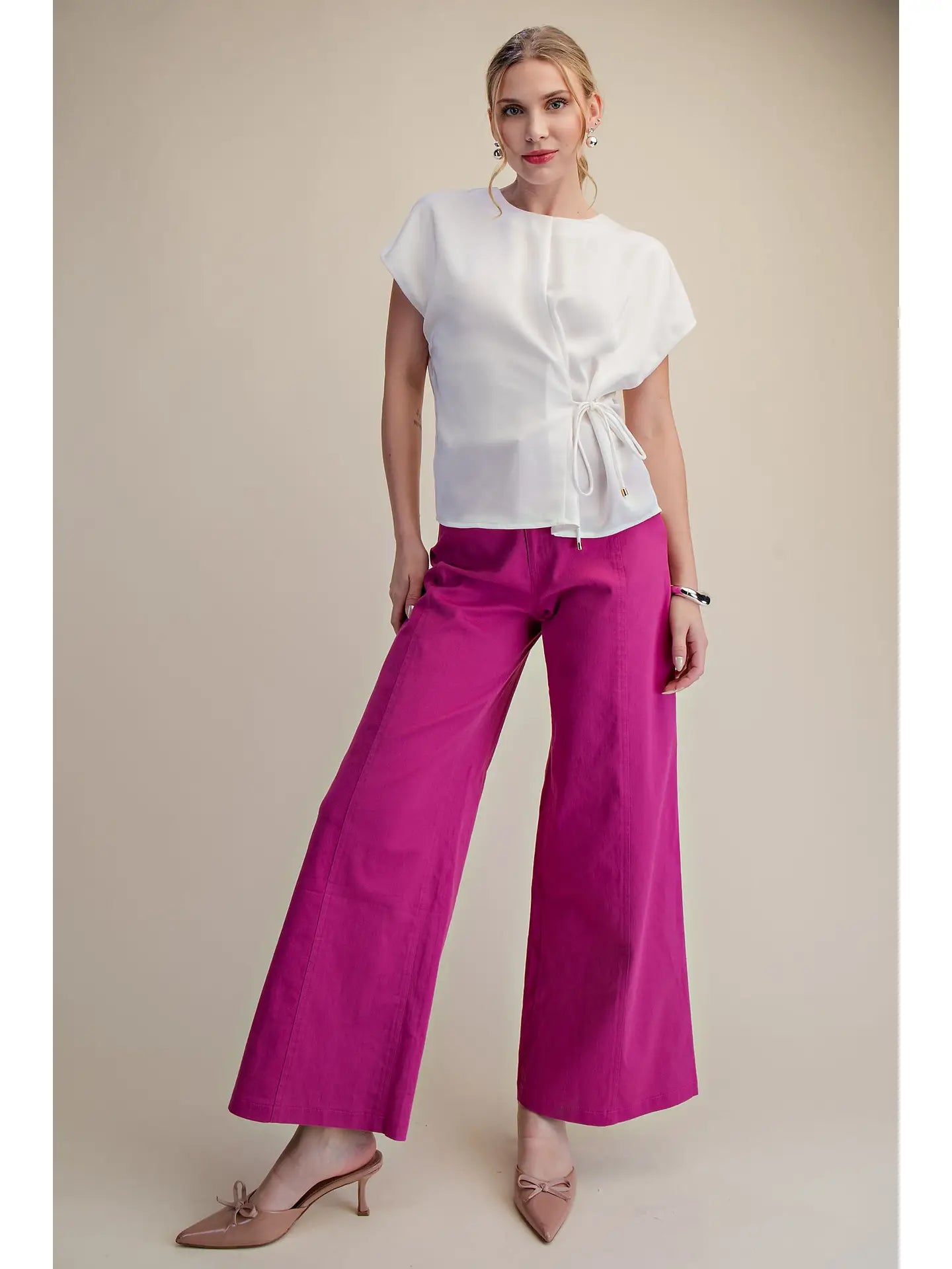 White Short Sleeve Front Tie Top