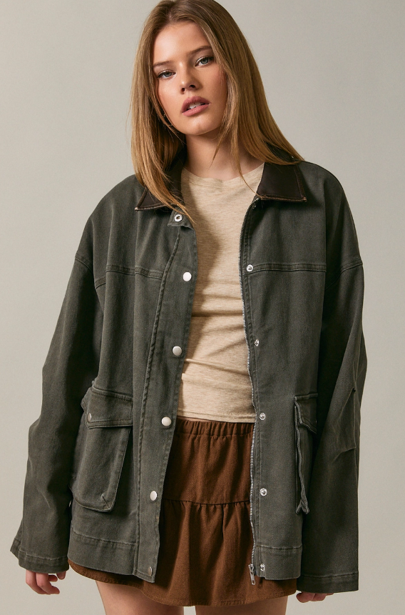 Washed Leather Collar Oversized Barn Jacket