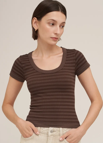 Striped Scoop Neck Top- French Roast