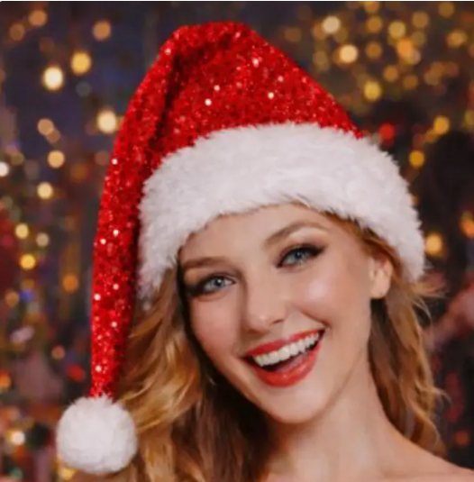 Christmas Sequin Faux Fur Pom Pom Santa Hat