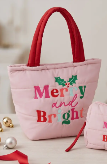 Merry and Bright Christmas Quilted Puffer Tote