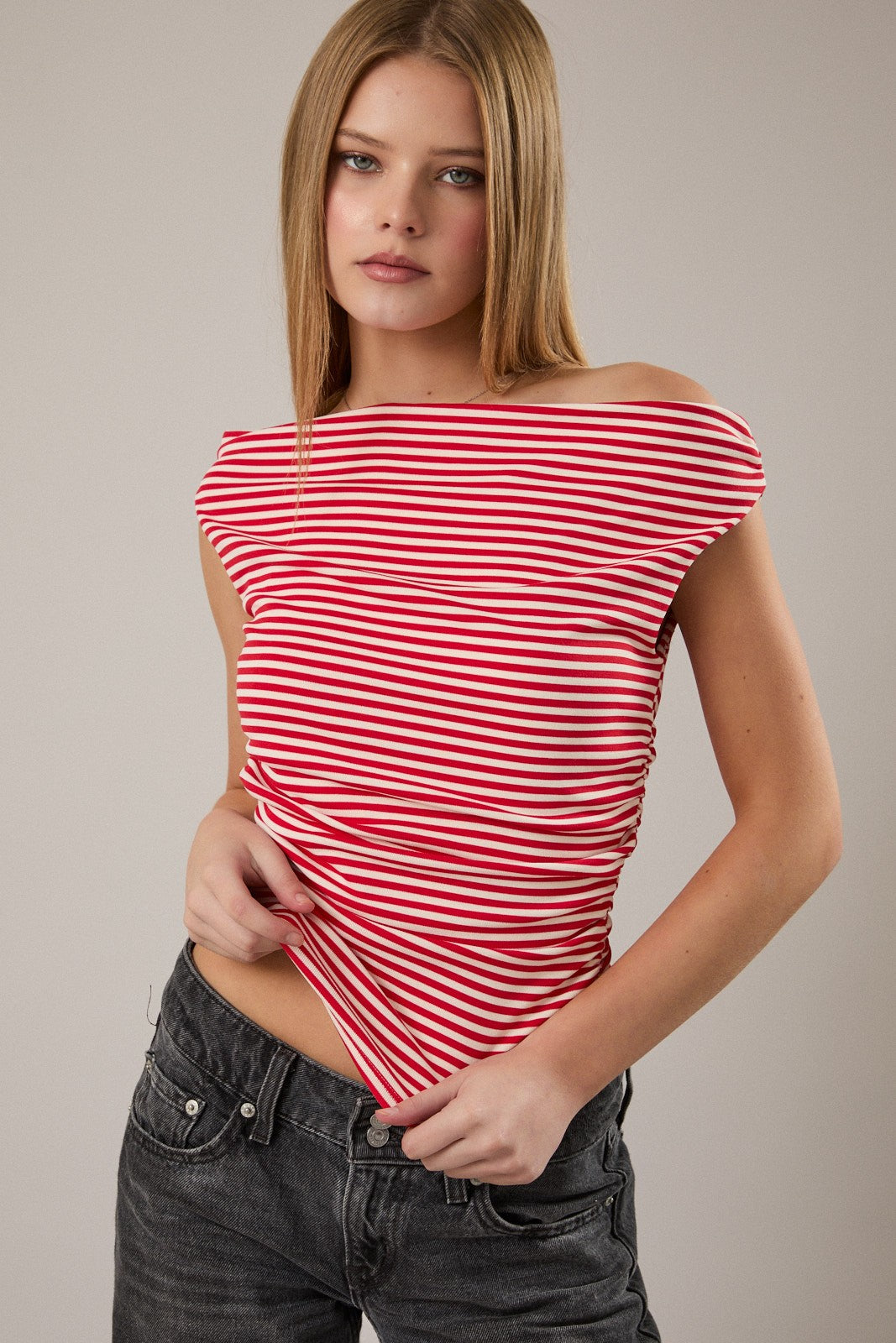 Stripe Off Shoulder Double Lined Top