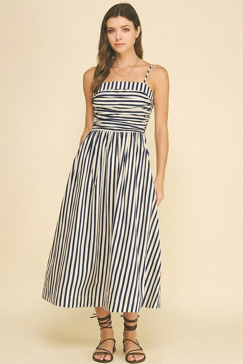 Striped Ruched Detail Midi Dress