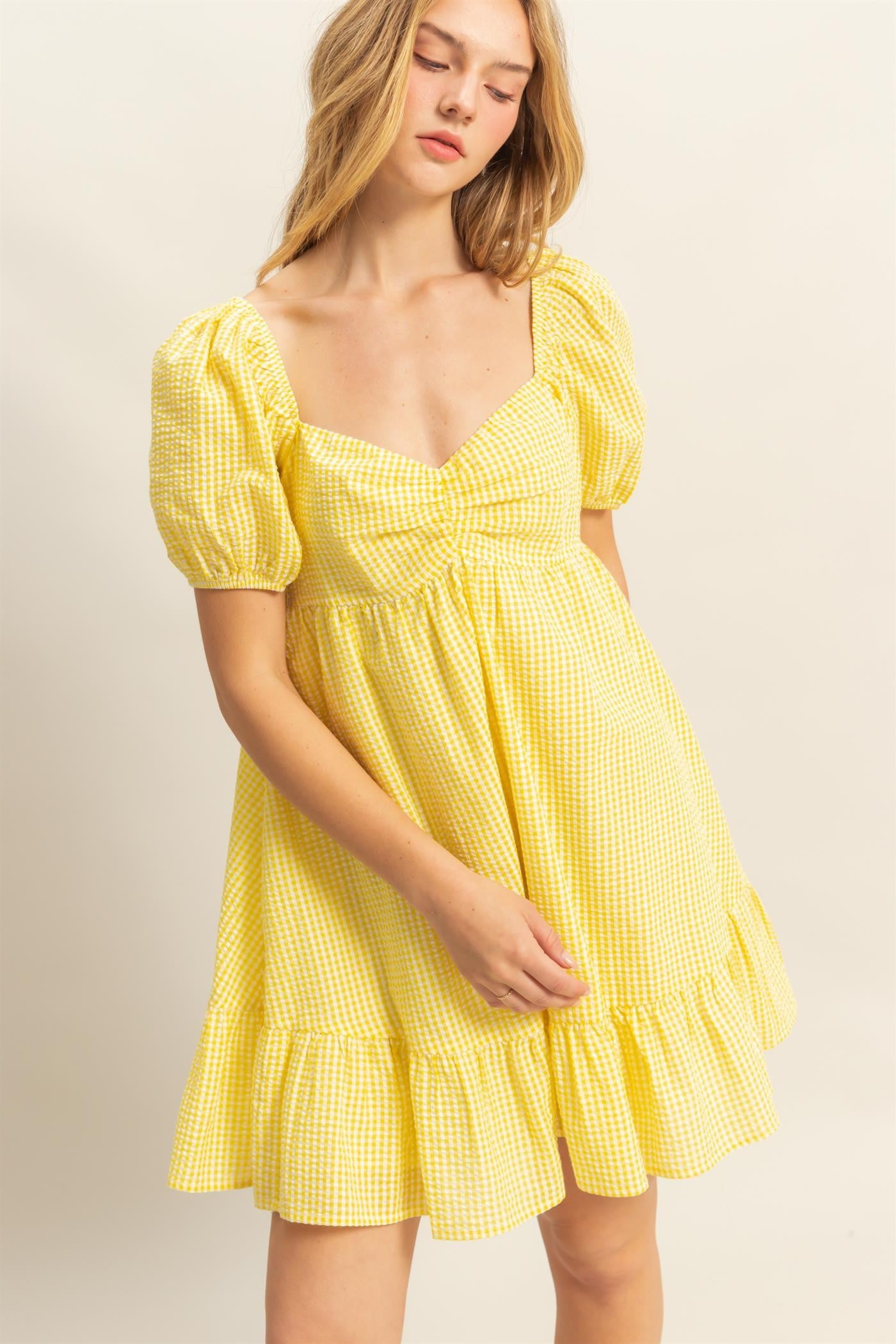 Yellow Gingham Puff Sleeve Dress