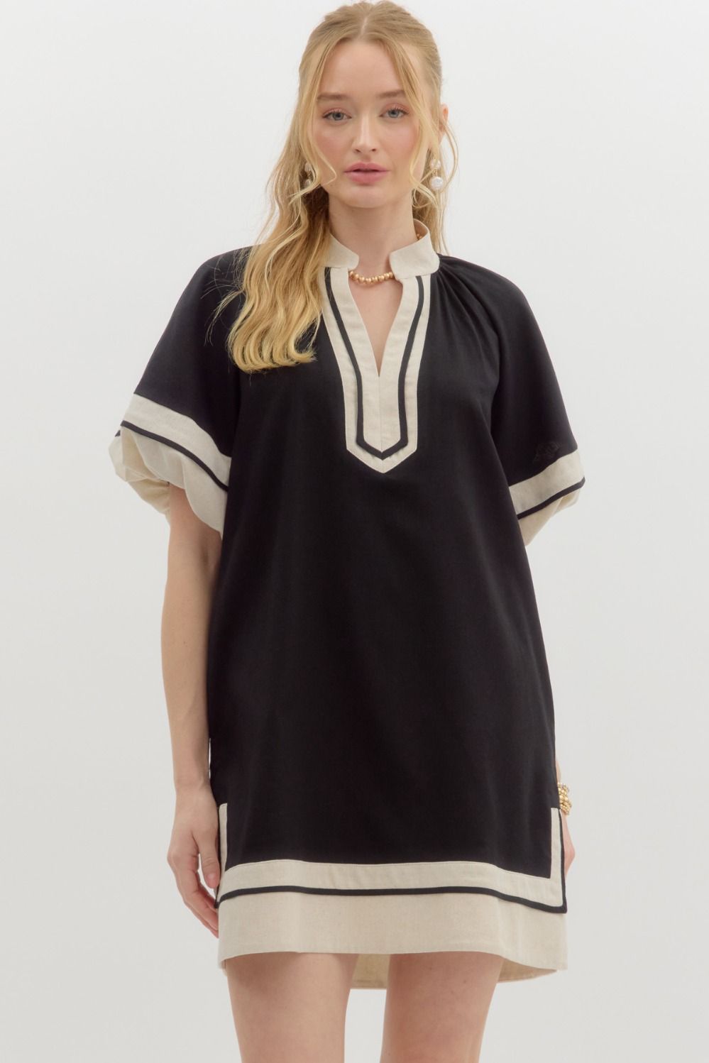Lantern Sleeve Contrast Trim Dress