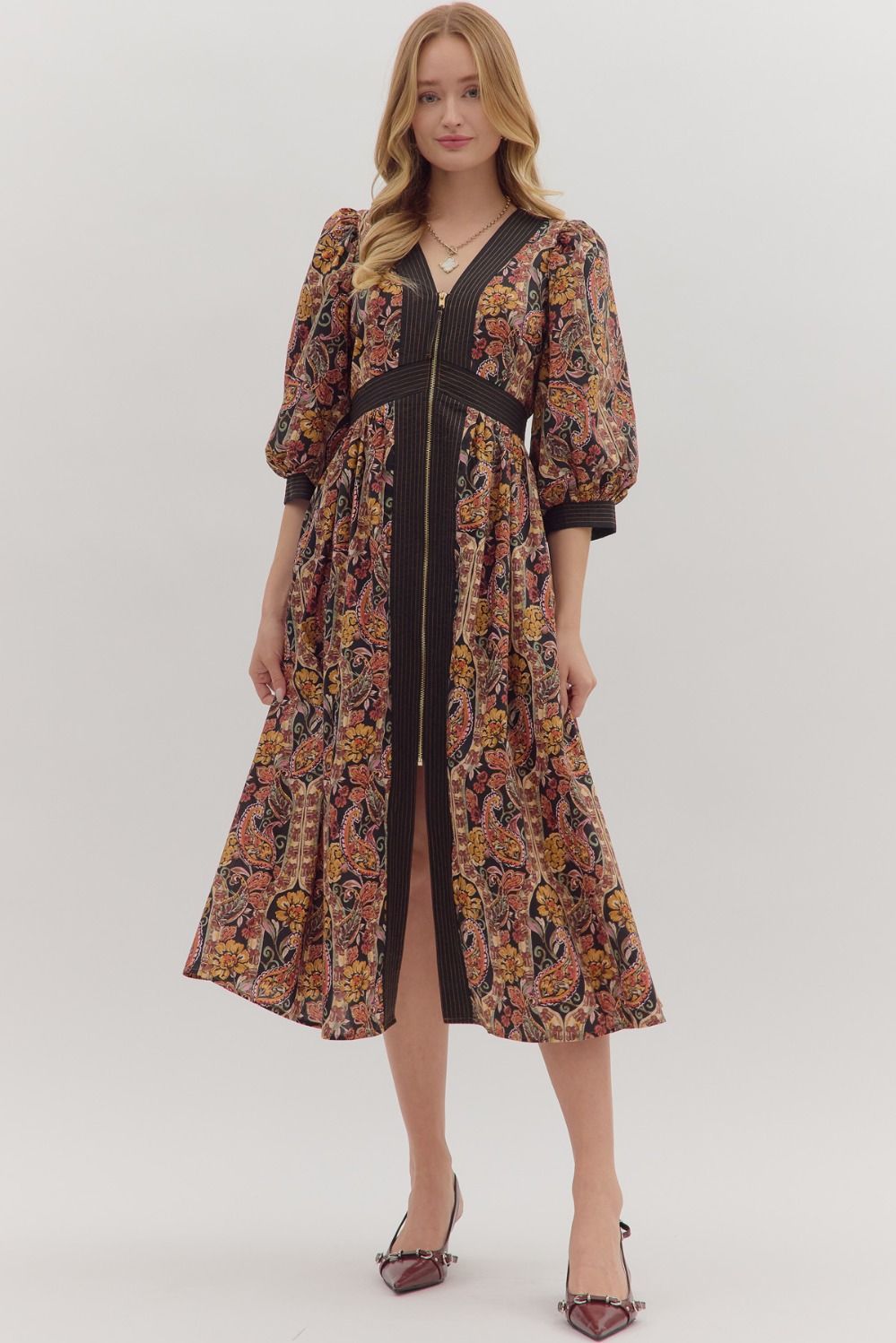 Paisley Print Puff Sleeve Dress