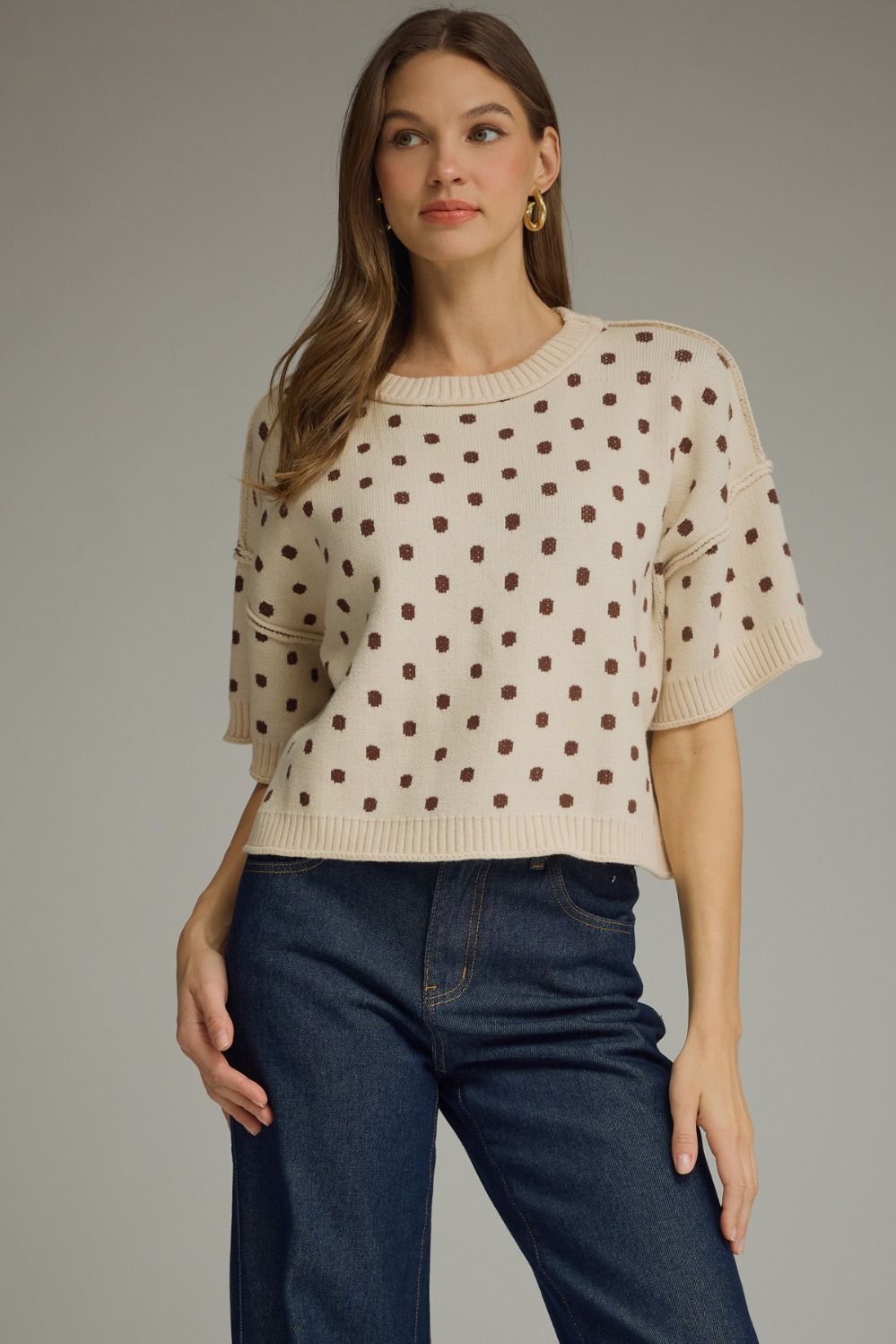 Tan Short Sleeve Polka Dot Sweater