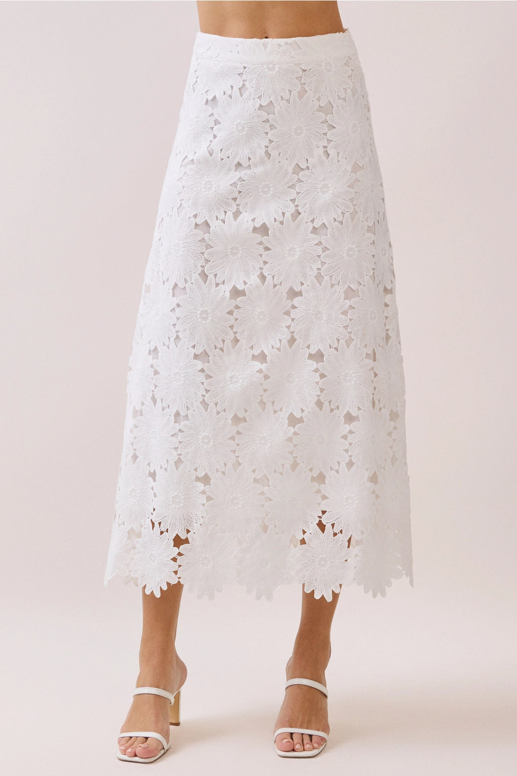 White Floral Lace Midi Skirt