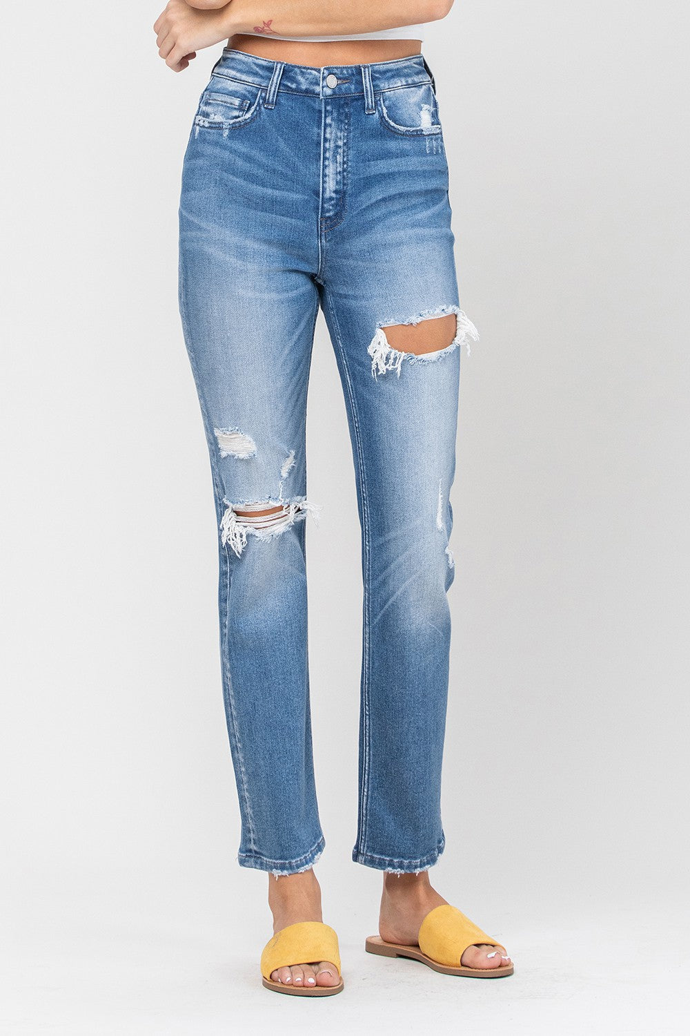 High Rise Distressed Straight Jeans