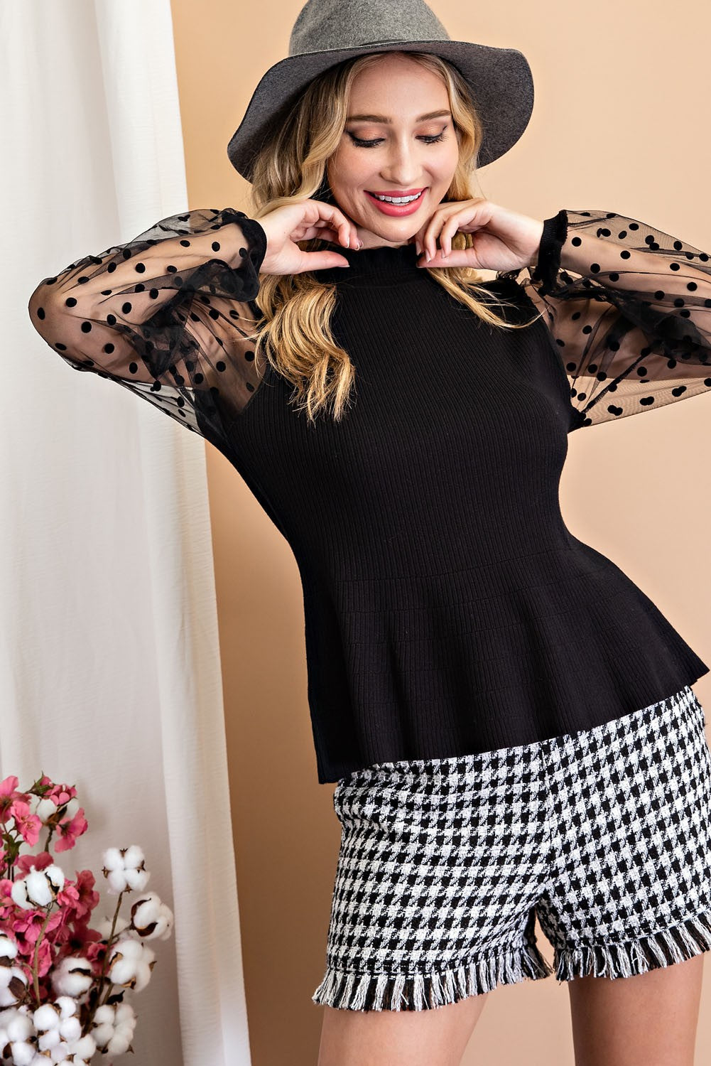 Sheer Dot Sleeve Peplum Top