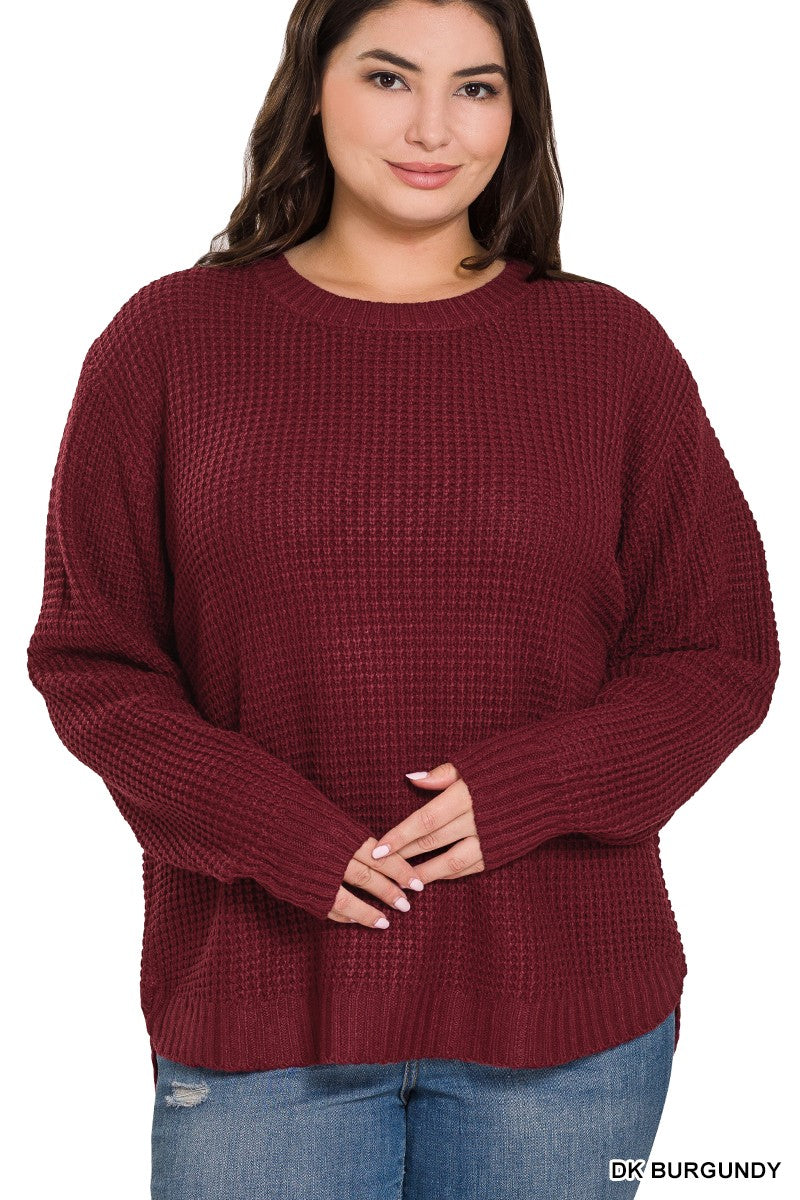 PLUS HI-LOW LONG SLEEVE ROUND NECK WAFFLE SWEATER