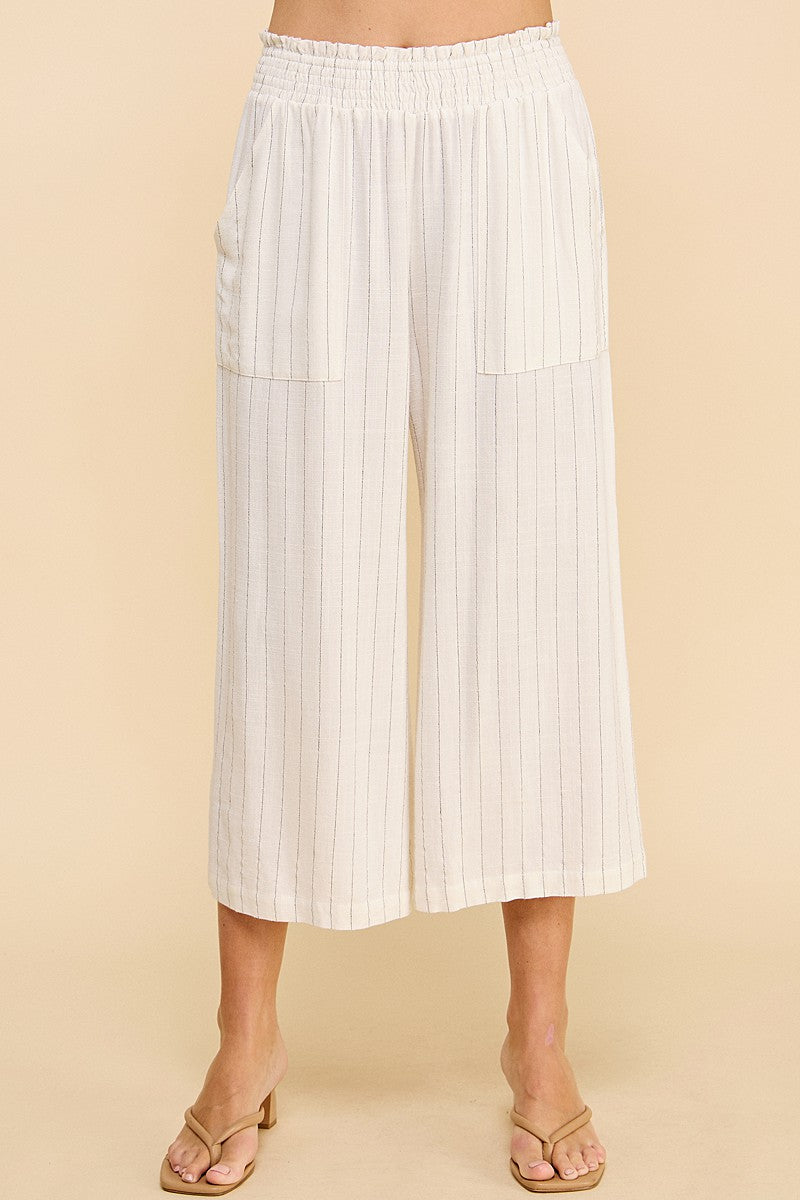 Pinstripe Smocked Waist Cropped Pants