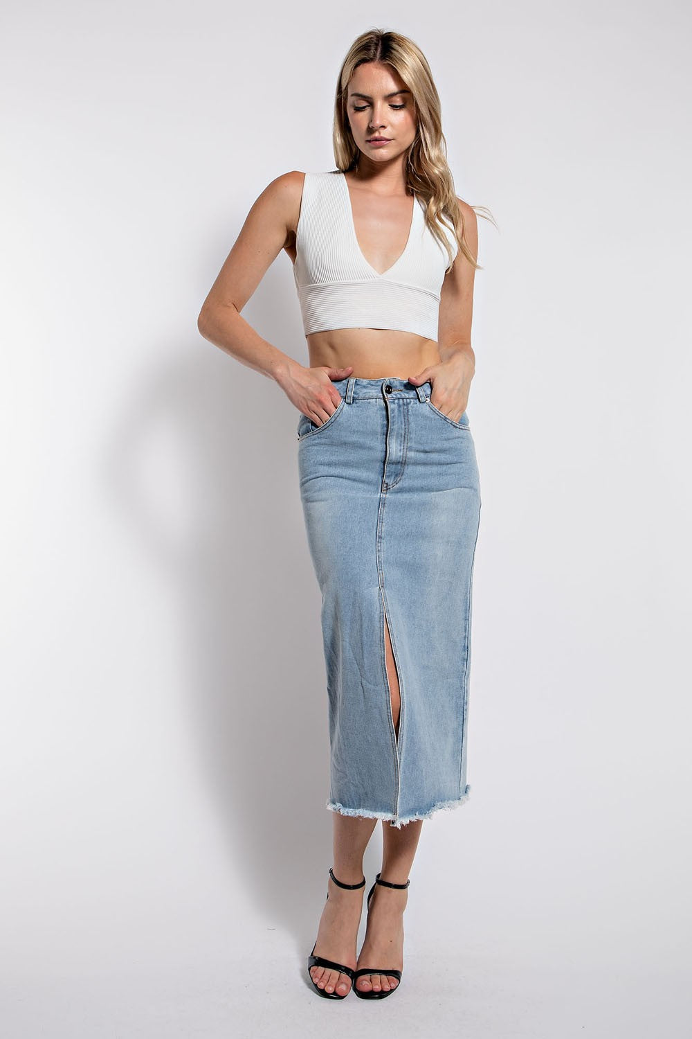 Long Slit Denim Skirt