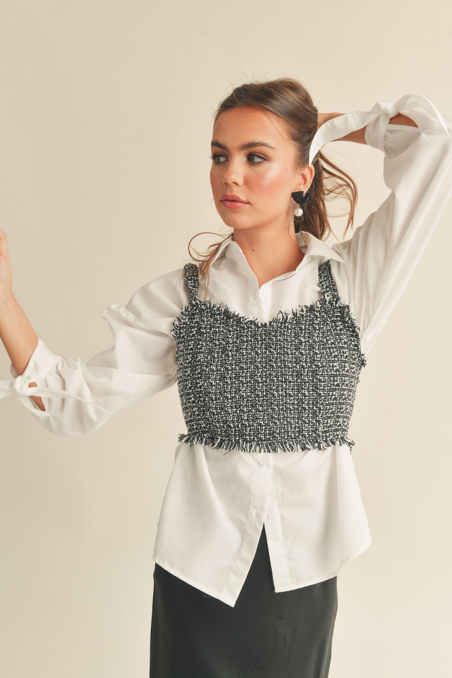 tweed crop top with button down shirt