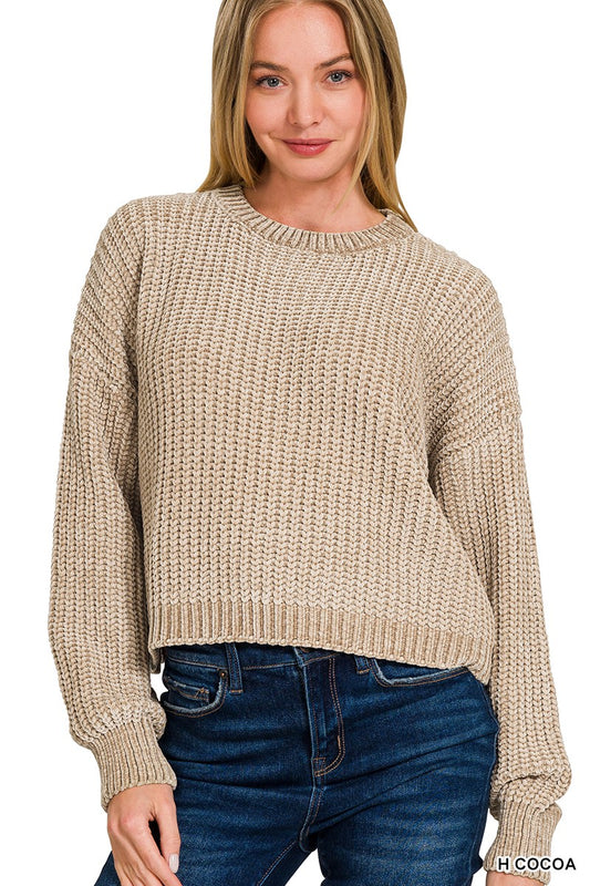 Chenille Round Neck Cropped Sweater