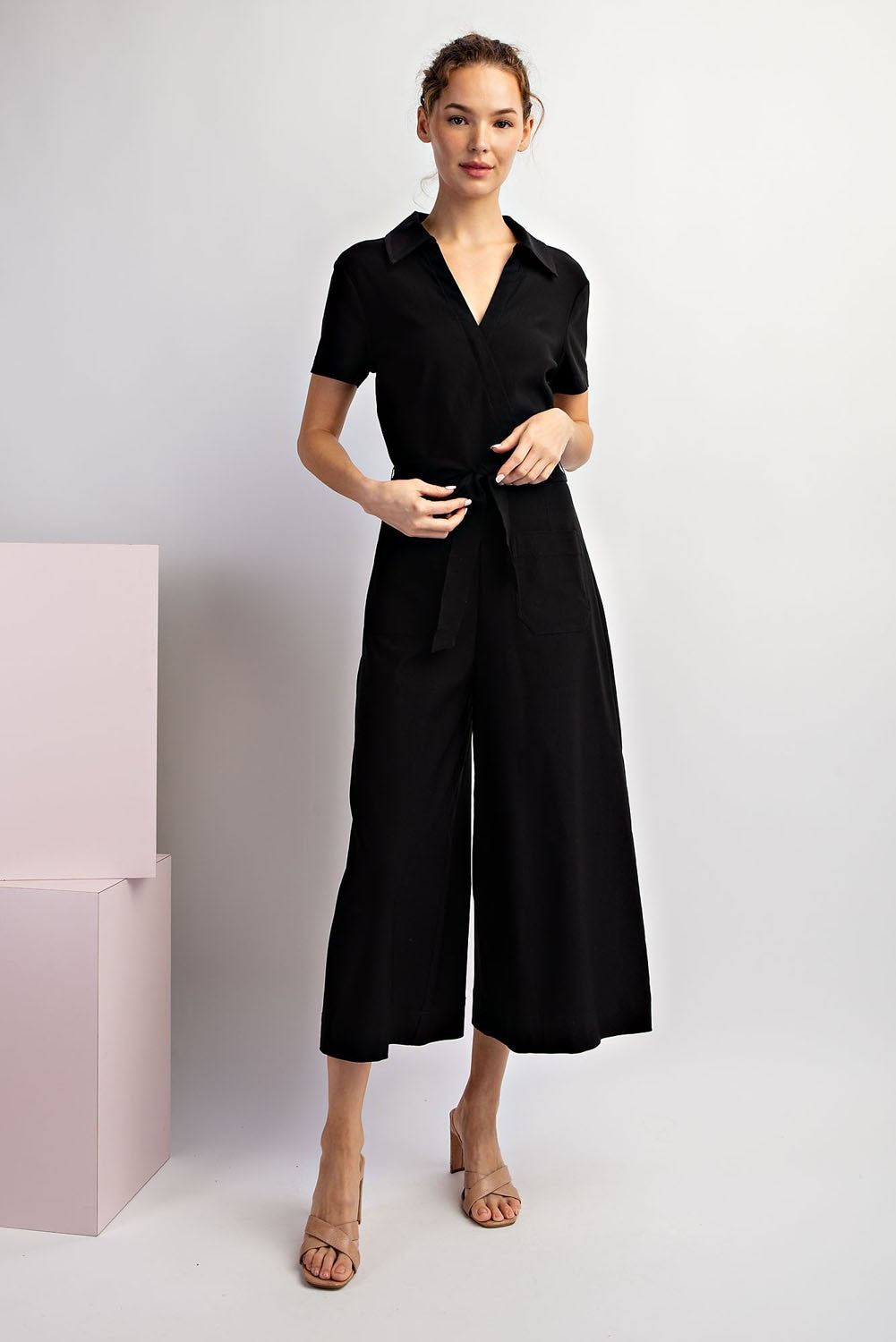 TIE WAIST SHORT SLEEVE JUMPSUIT