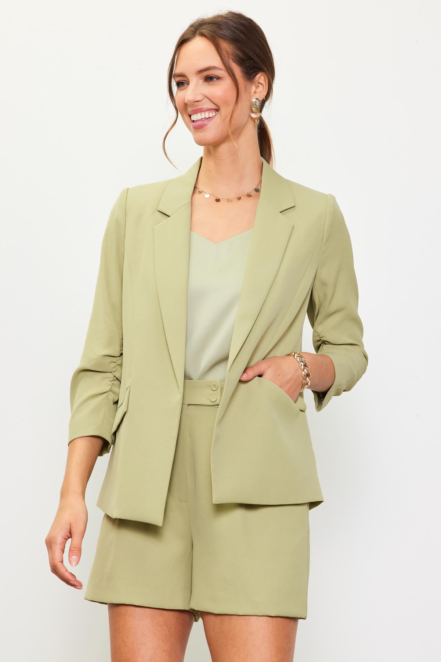 Poly Shirred Sleeve Blazer