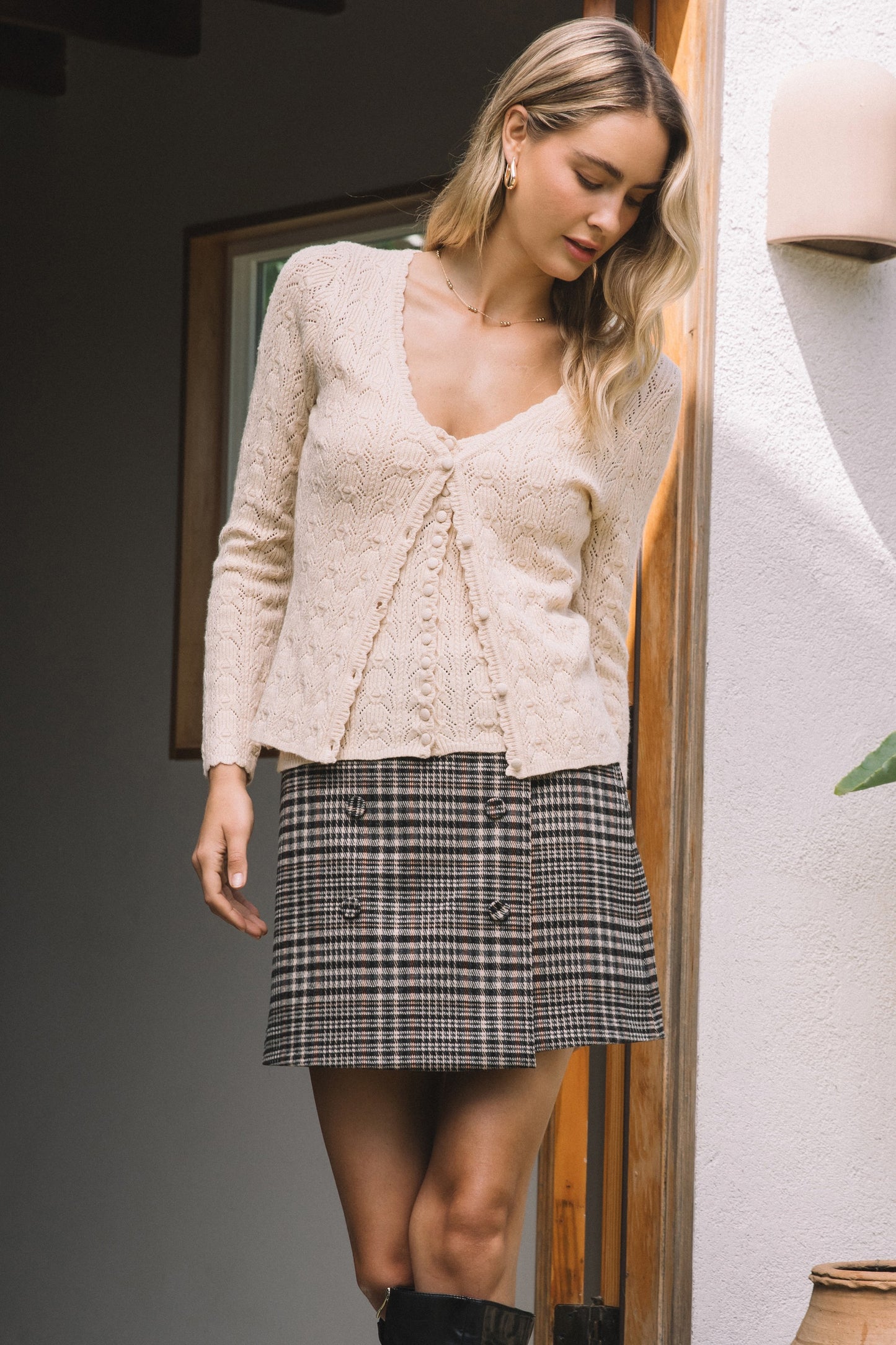 Long Sleeve Pointelle Knit Scallop Detail Top