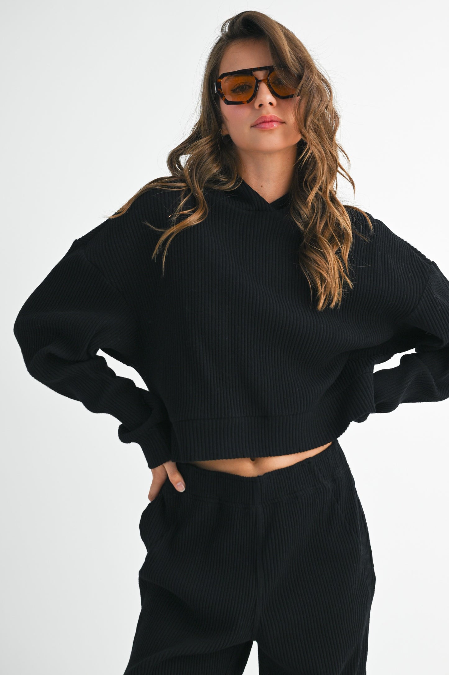 Cropped Ribbed Pullover Hoodie