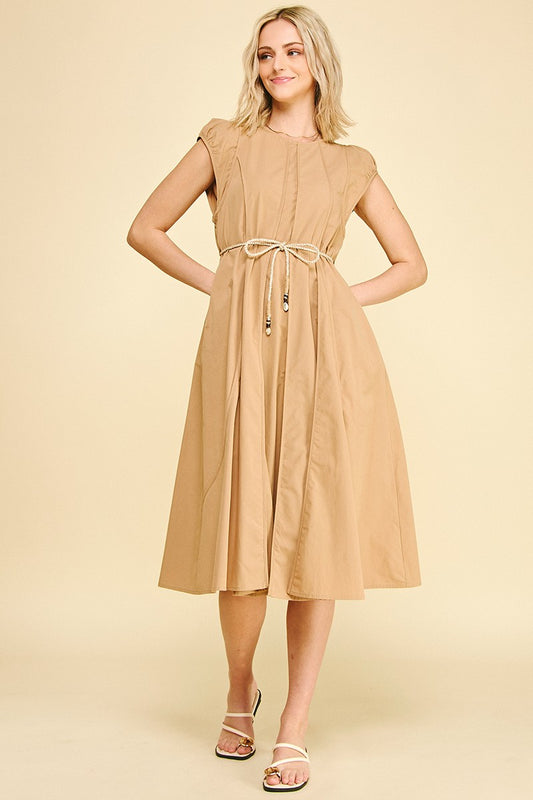 Detailed Midi Dress with Rope Belt