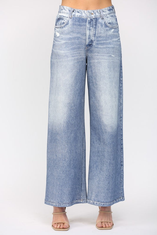 Washed Denim Print Wide Leg Pants