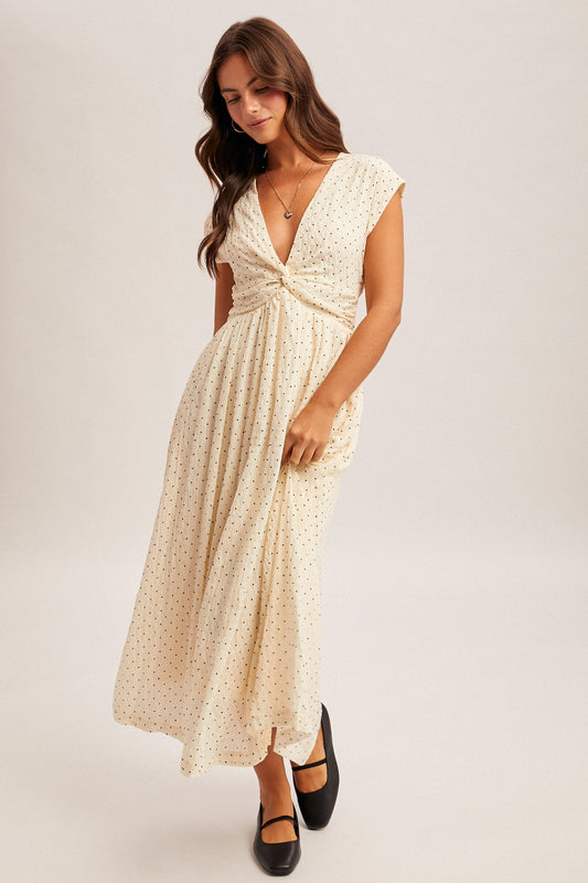 Polka Dot Twisted V Neck Dress