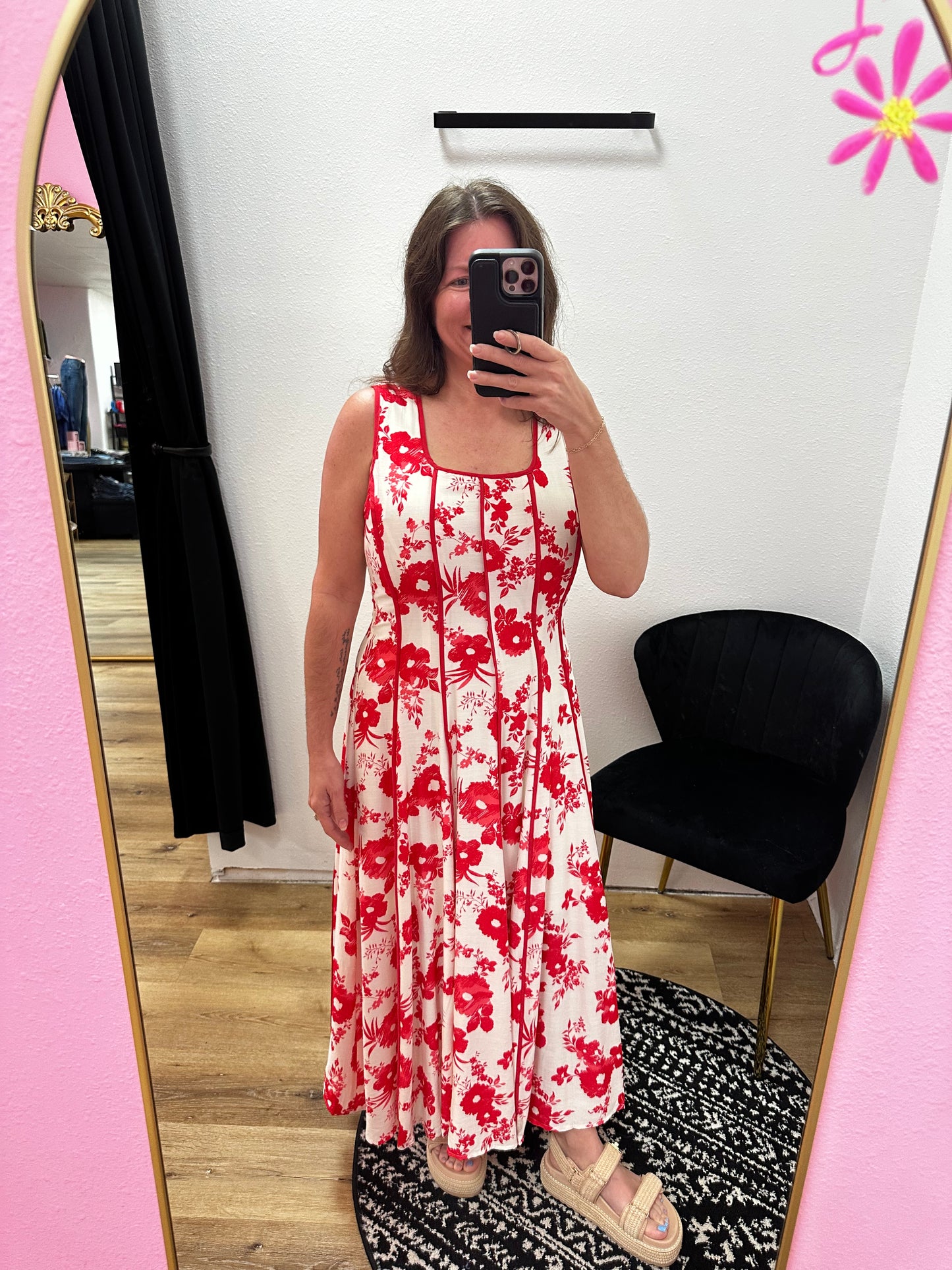 Red Floral/Off White Dress