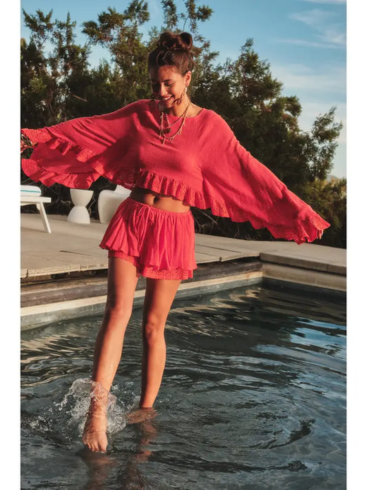 Cotton Gauze and Crochet Lace Ruffle Bell Sleeve Top