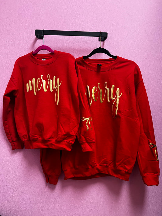 Mommy & Me - Merry Cursive Red Sweatshirts with Gold Bow Detail