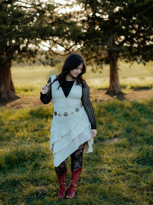 Diagonal Ruffled Dress with Scarf