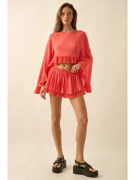 Cotton Gauze and Crochet Lace Skort