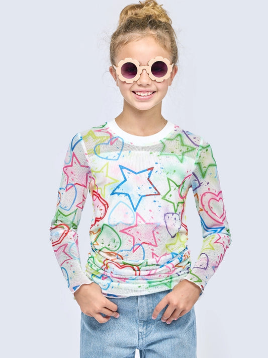 Long Sleeve Printed Mesh Top Tween