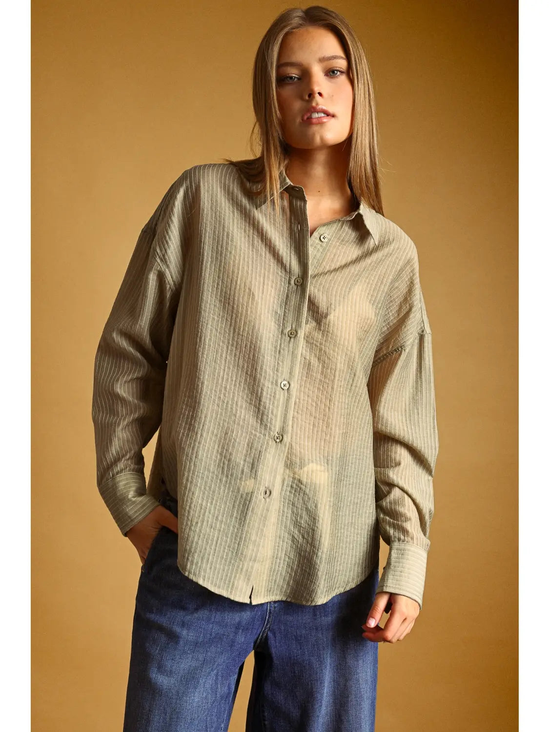 Sage Pin Striped Button Up Blouse