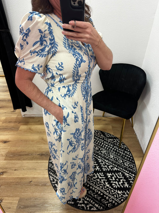 Blue Floral/Off White Dress