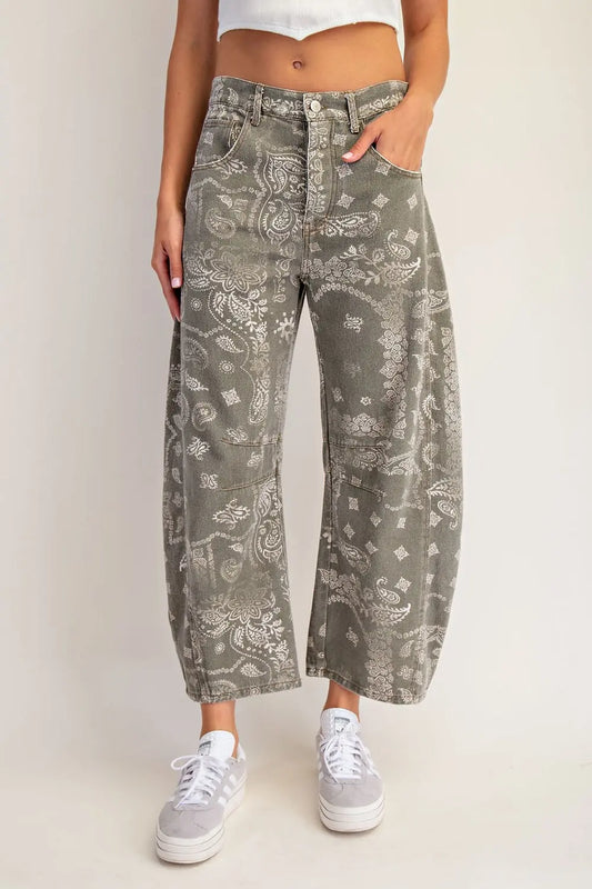 Paisley Printed Barrel Jeans