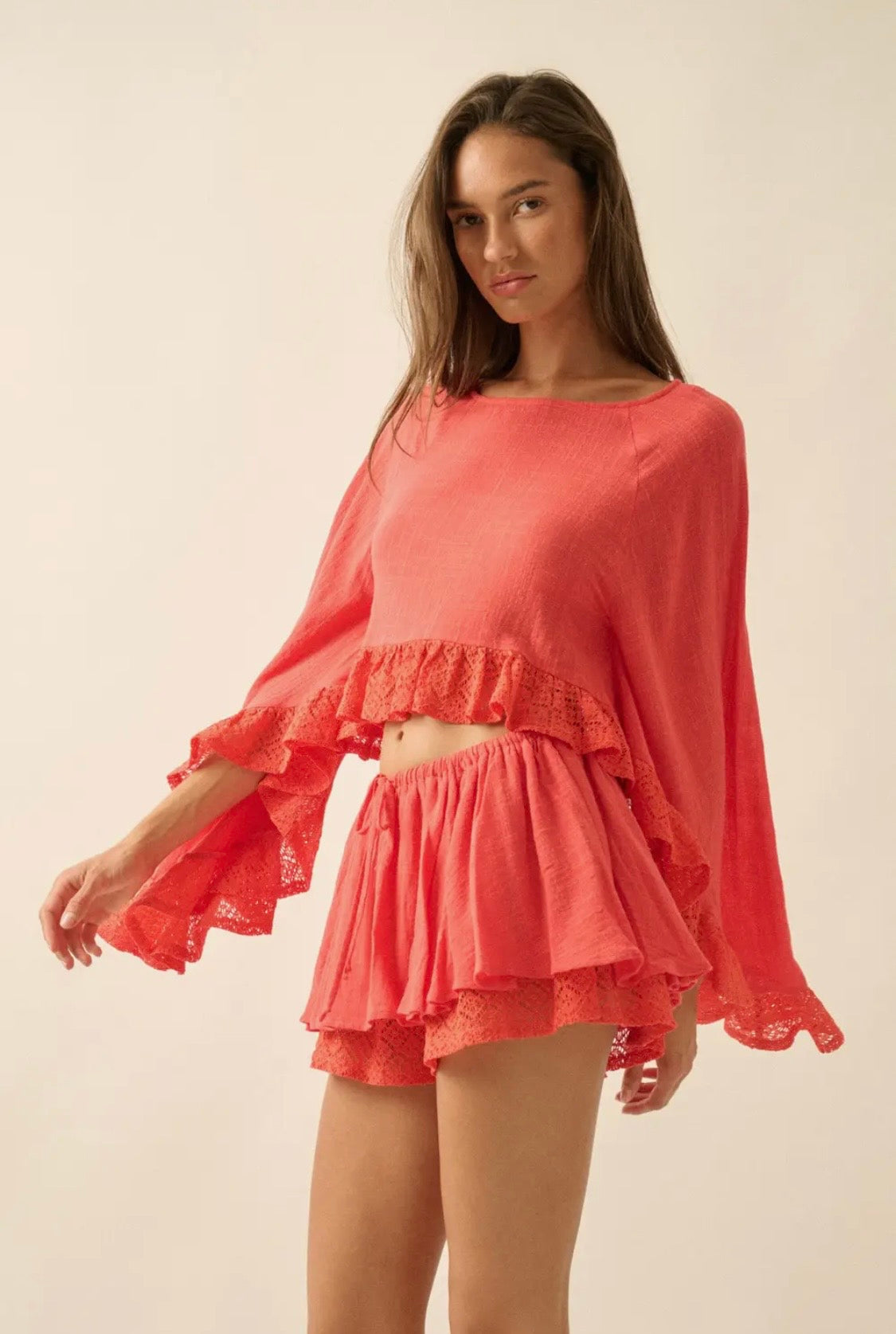 Cotton Gauze and Crochet Lace Ruffle Bell Sleeve Top