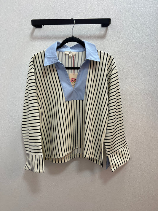 Striped Long Sleeve with Blue Collar