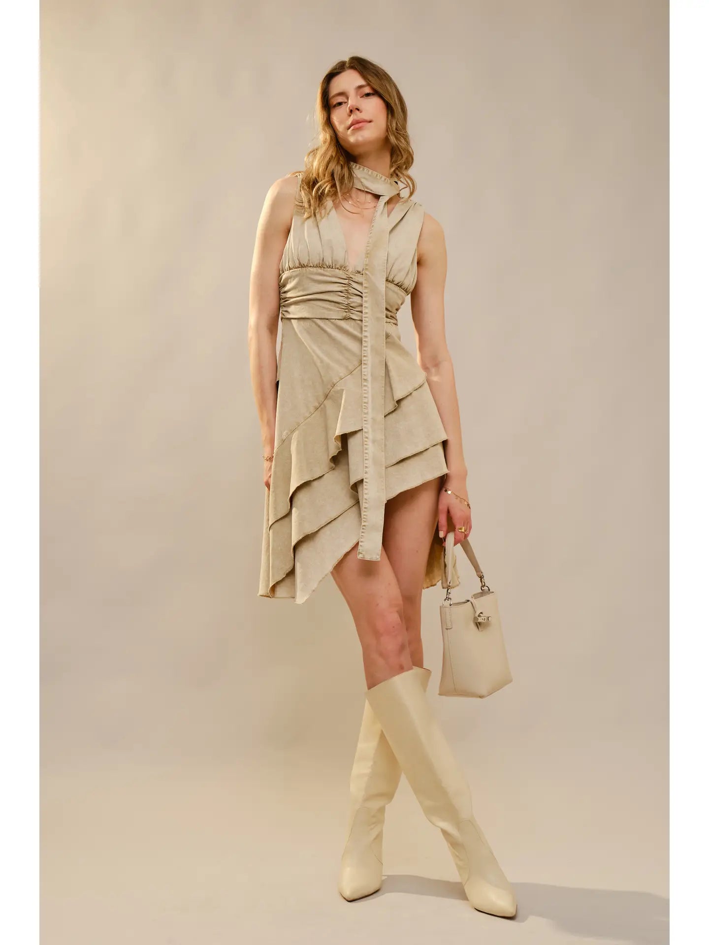 Diagonal Ruffled Dress with Scarf