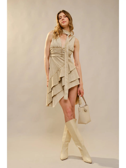 Diagonal Ruffled Dress with Scarf