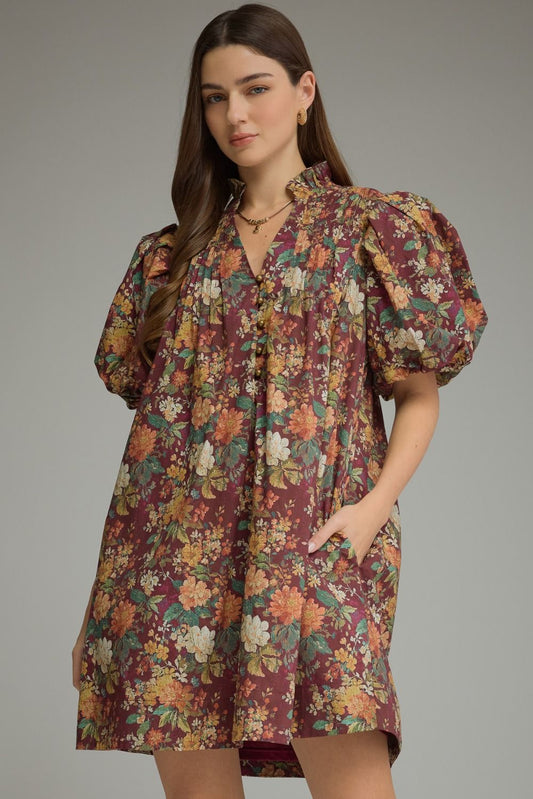 Floral print short puff sleeve mini dress