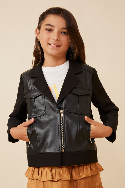 Girls Mixed Media Zipper Detail Biker Jacket